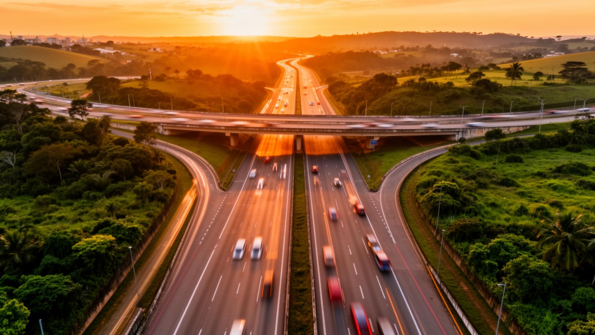 Vista aérea de rodovia brasileira ao pôr do sol